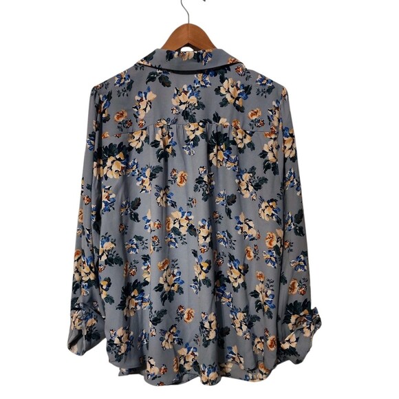 LC Lauren Conrad Button Down Long Sleeve Blouse Woman's XXL Floral Blue Flowy - Picture 2 of 6